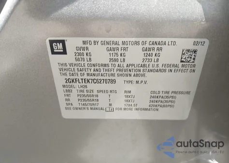 2012 GMC Terrain Sle-2 z USA, uszkodzony, nr VIN 2GKFLTEK7C6270789